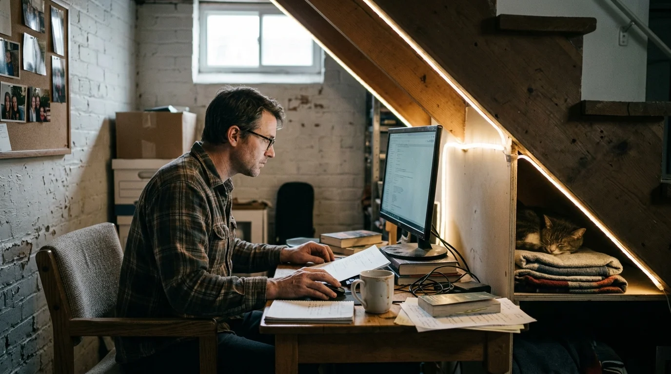 A man works on a desktop computer at a wooden desk tucked beneath an illuminated basement staircase alongside a sleeping cat.