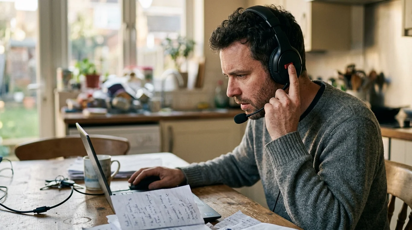 A man wearing a headset with a boom microphone sits at a wooden table looking intently at his laptop.