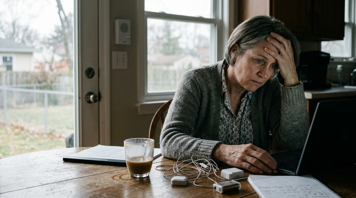 A stressed woman sitting at a dining table rests her head in her hand while looking at a laptop beside small electronics.