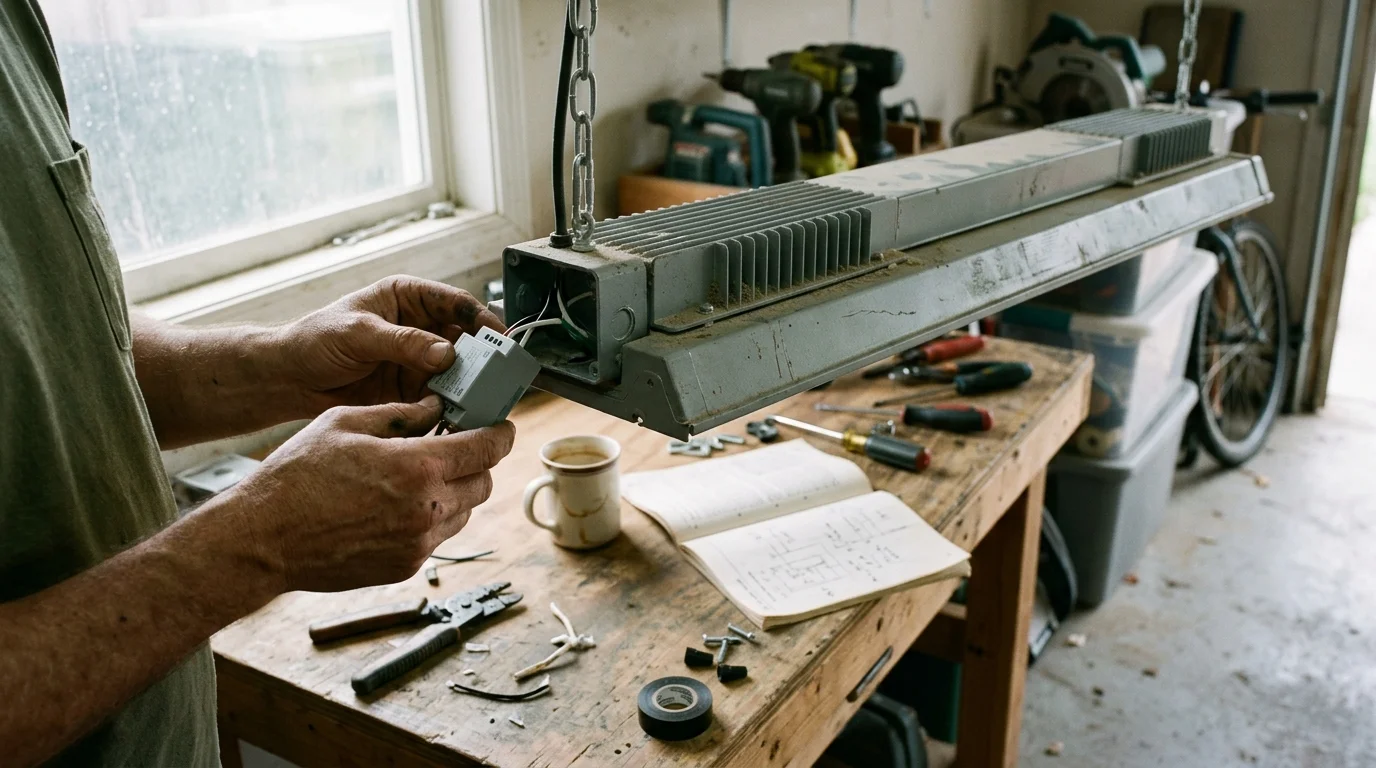 Person wiring a small grey electronic relay into a hanging industrial metal light fixture above a wooden workshop bench.