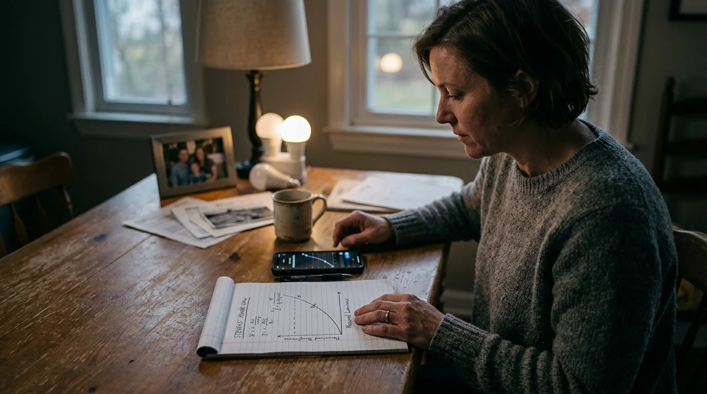 A woman sitting at a dining table with a notepad, smartphone, and glowing smart LED bulbs studying a handwritten graph.