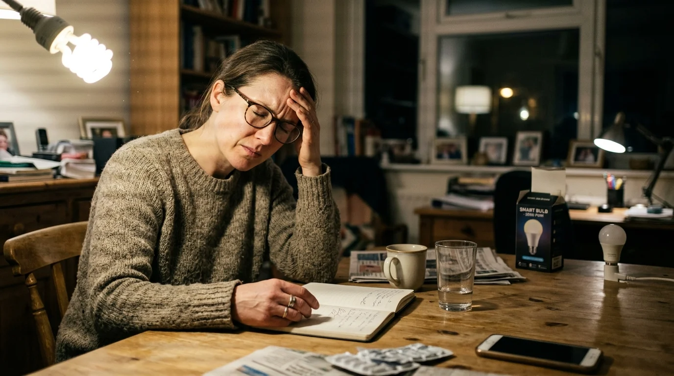 A woman rubbing her forehead in pain while sitting at a table with an open notebook, lamp, and lightbulb box.