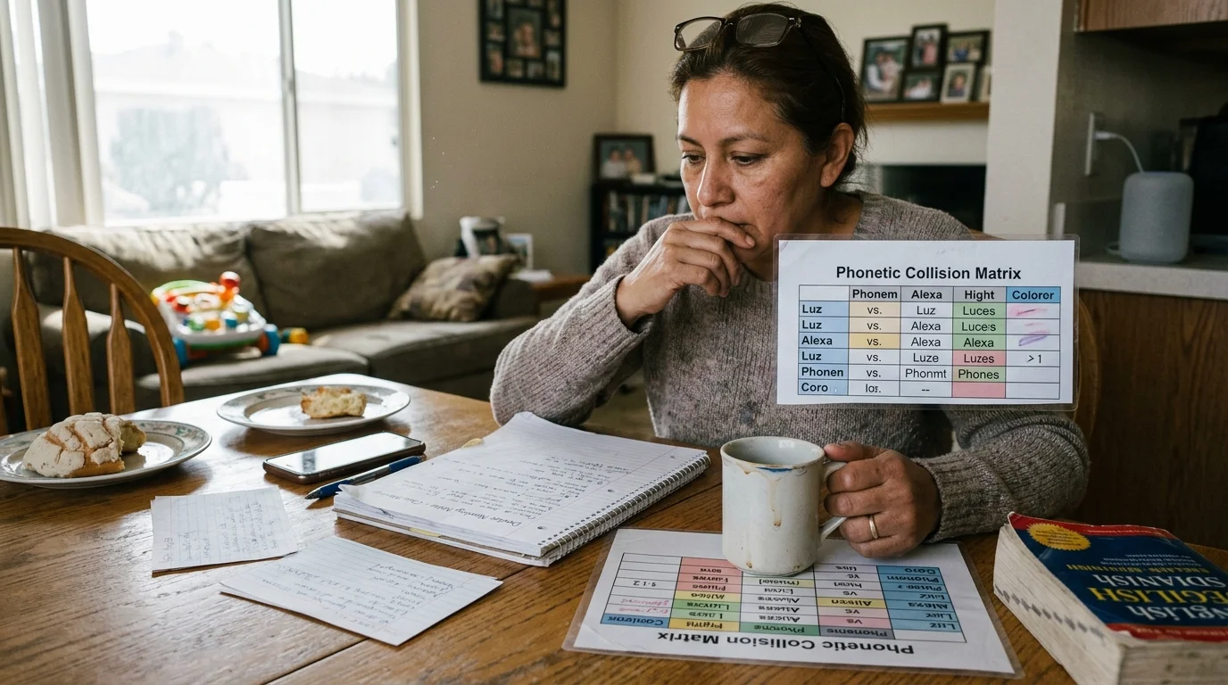 A woman sits at a wooden table with notebooks, coffee, and printed Phonetic Collision Matrix charts.