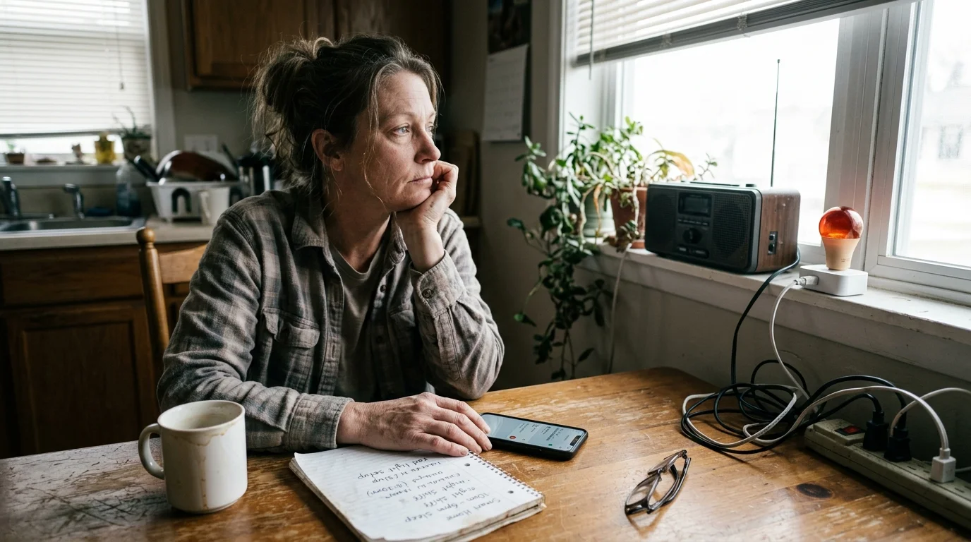 A tired woman sits at a wooden kitchen table with coffee, a notebook, and an orange light bulb plugged into the windowsill.