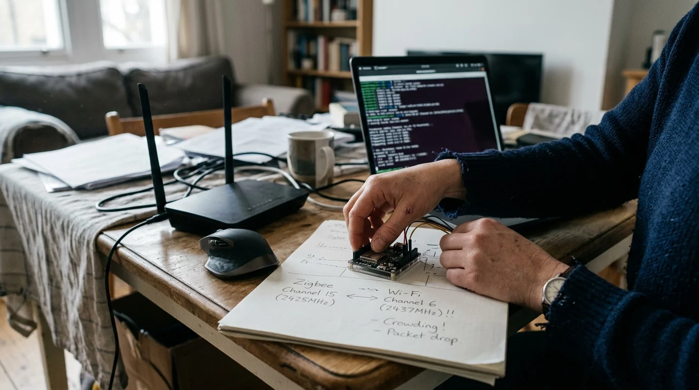 Person working on an electronic board next to handwritten frequency notes, a Wi-Fi router, and a laptop.
