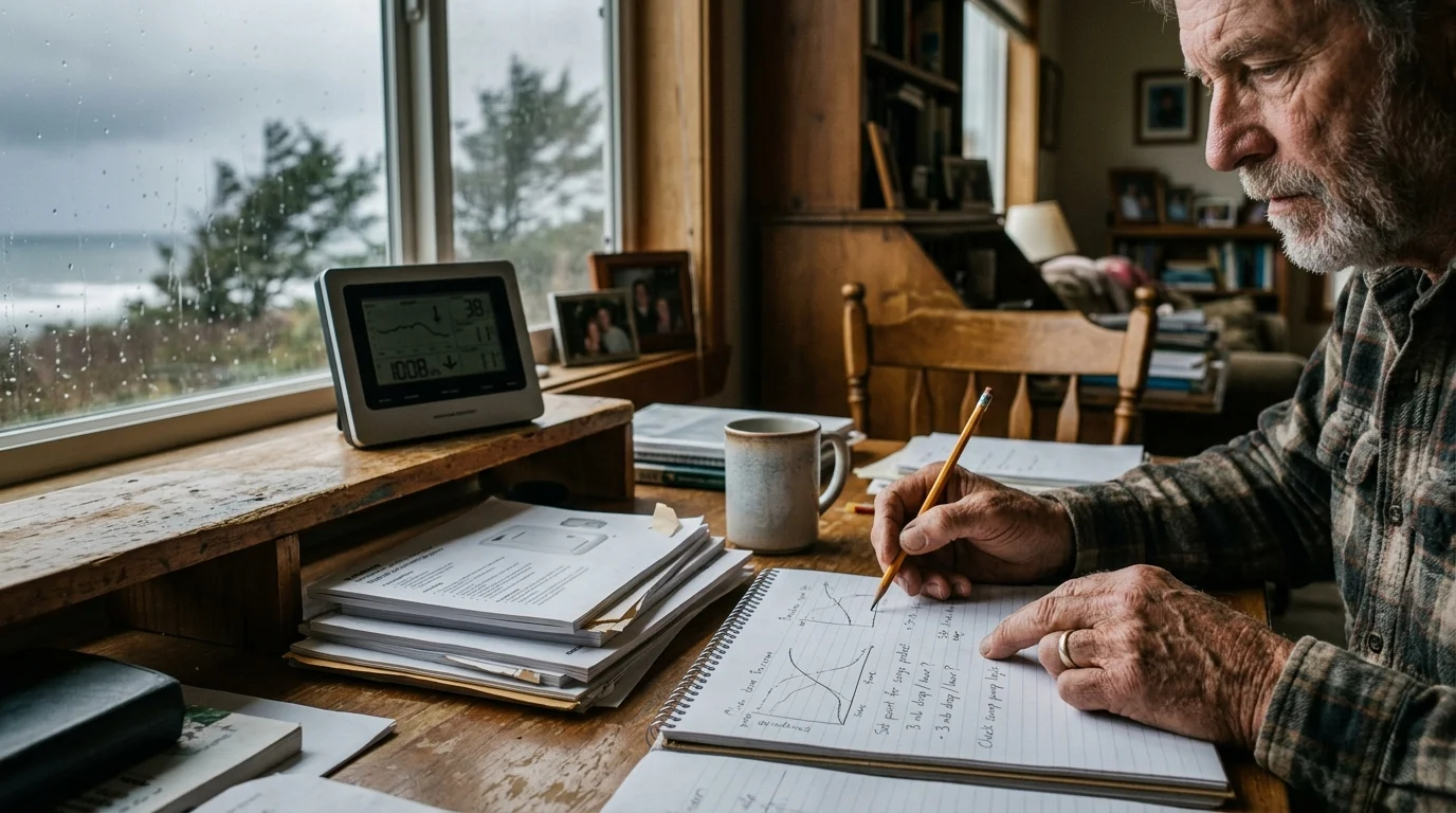 A man sketching pressure graphs in a notebook at a desk next to a digital weather monitor and a rainy window.