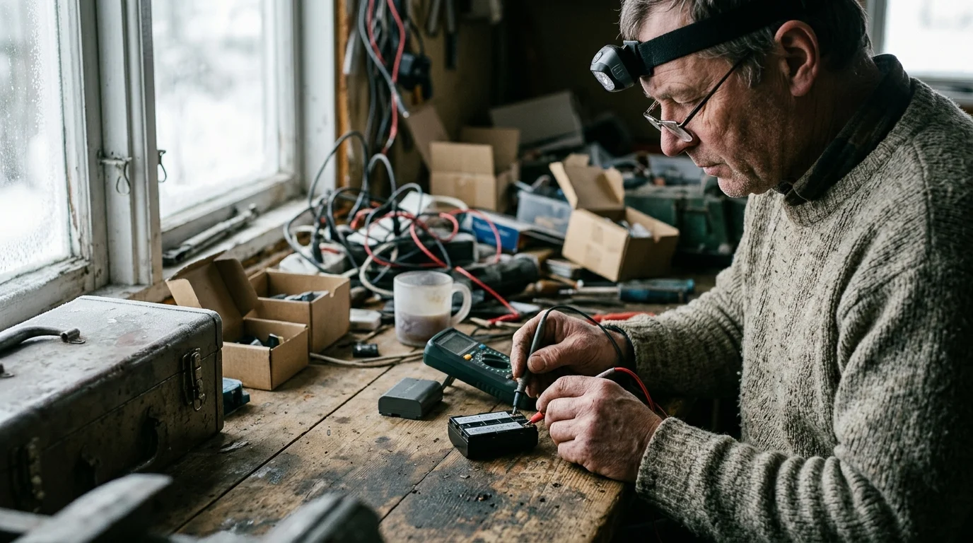 A man wearing a headlamp and glasses tests a battery pack with a multimeter on a cluttered wooden workbench by a window.