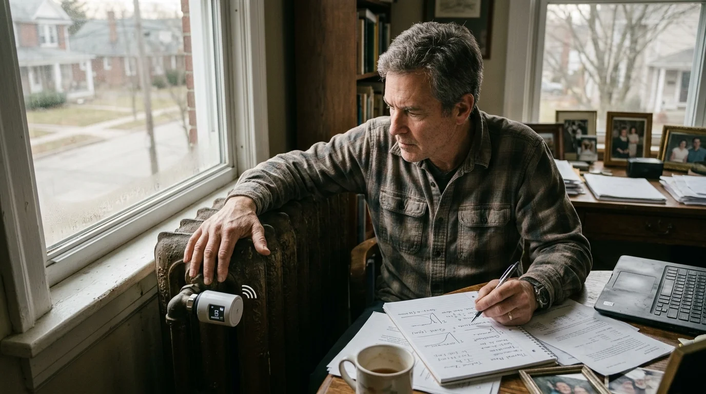 A man at a desk touches a cast-iron radiator fitted with a digital smart valve beside notes and a laptop.