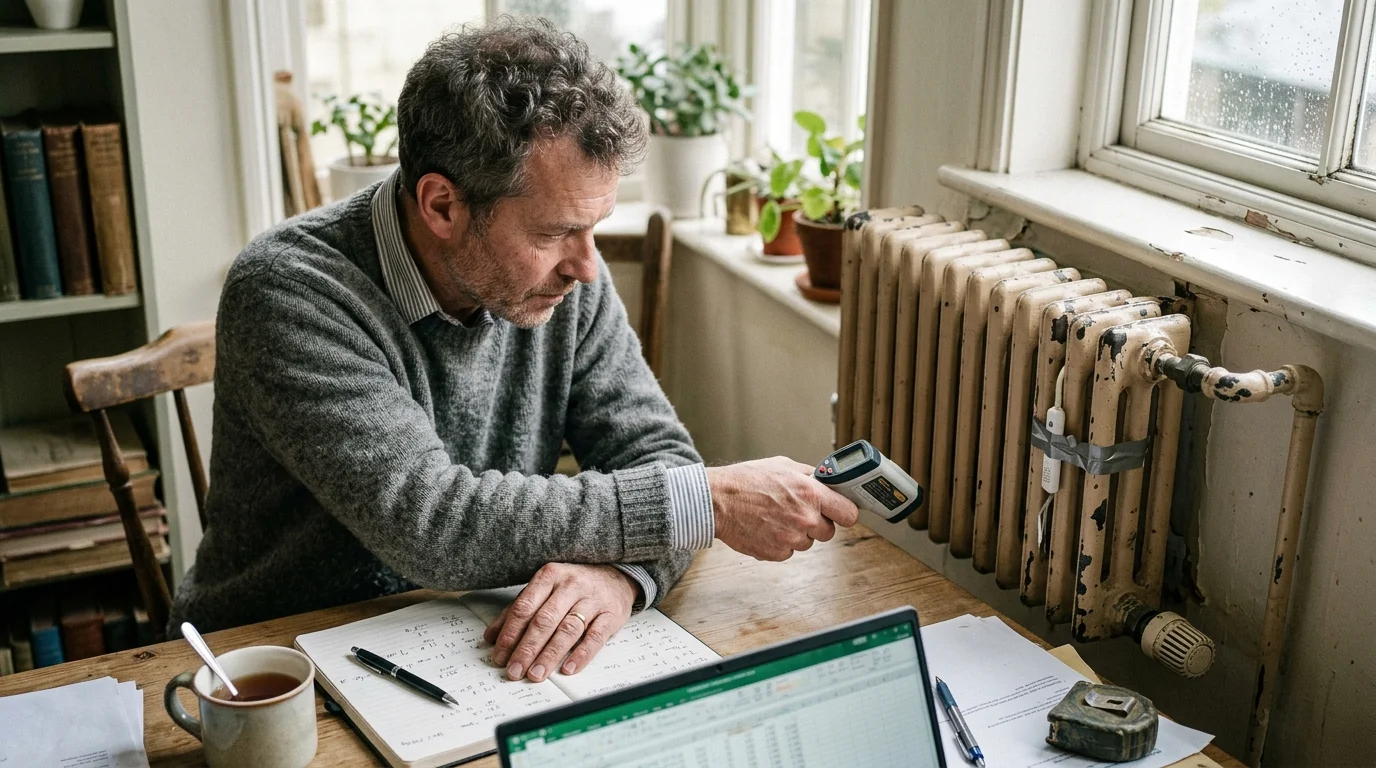 Man sitting at a desk aiming an infrared thermometer at an old cast-iron radiator beside a window.
