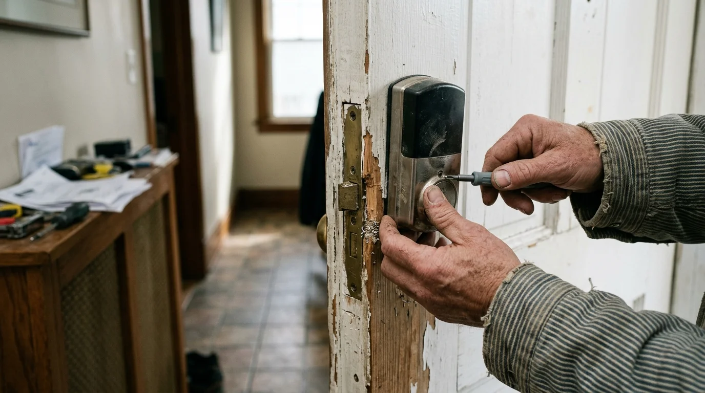 Hands use a screwdriver to install a smart lock onto a worn, chipped wooden door beside a mortise lock plate.