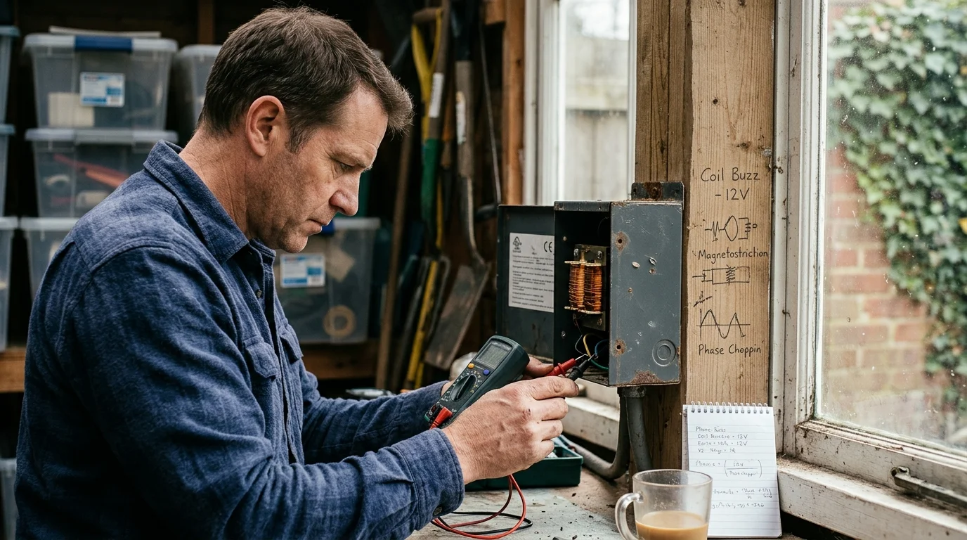A man testing an open electrical transformer box with a multimeter near handwritten diagrams on a wooden post.