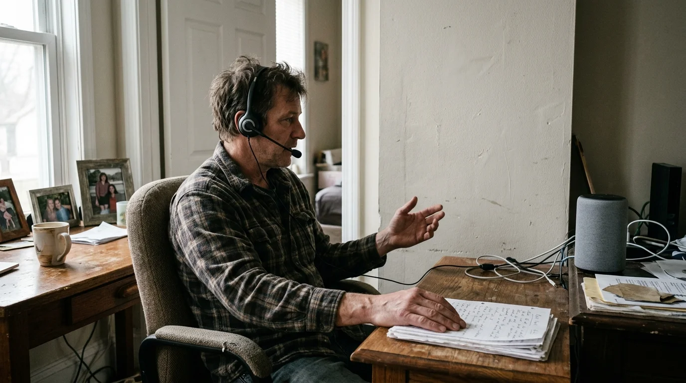 A man wearing a headset speaks at a wooden desk with papers near a smart speaker by a drywall partition.