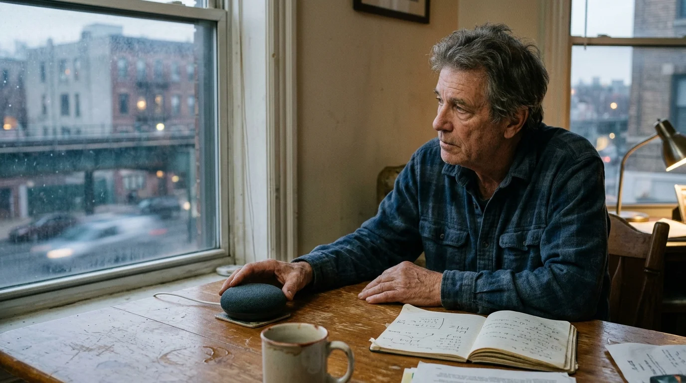 A man sits at a wooden table resting his hand on a round smart speaker while looking out a rainy city window.