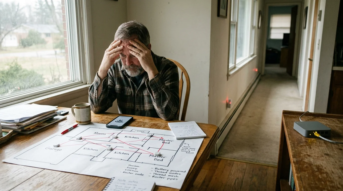 A man with hands on his head looks at a drawn house floor plan on a table near a long hallway.