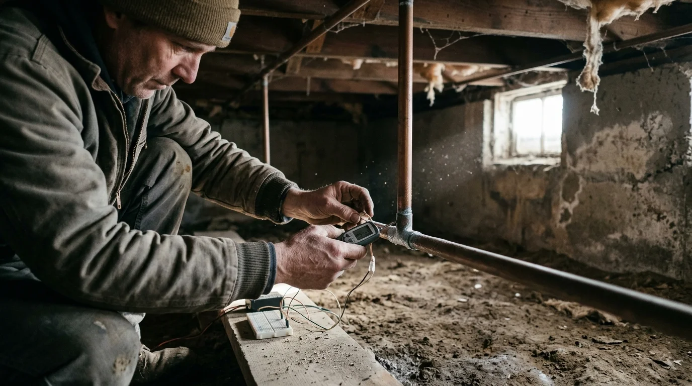Man crouching in a dirt crawl space attaching digital sensor wires to an exposed copper water pipe.