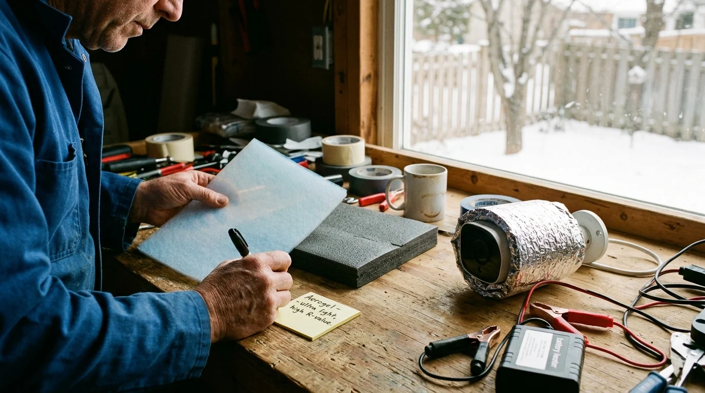 A person at a wooden workbench compares aerogel and foam insulation beside an insulated security camera.