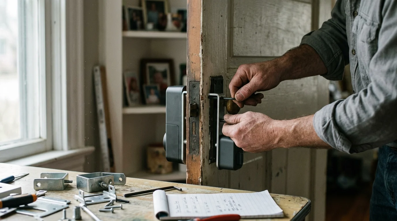 A person using an Allen wrench to mount a smart lock bracket onto a rustic wooden door above a workbench with tools.