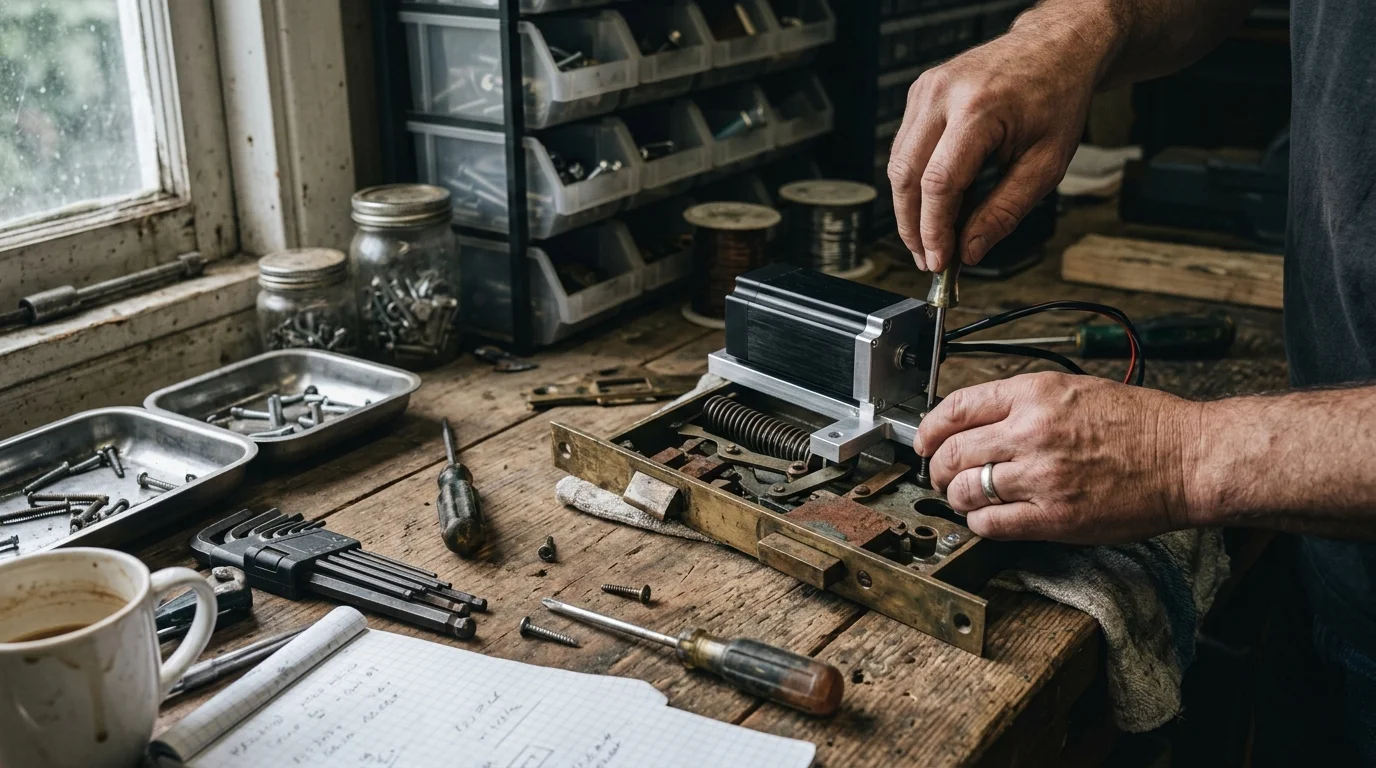 Hands use a screwdriver to mount a black motor mechanism onto an open historic brass mortise lock on a workbench.