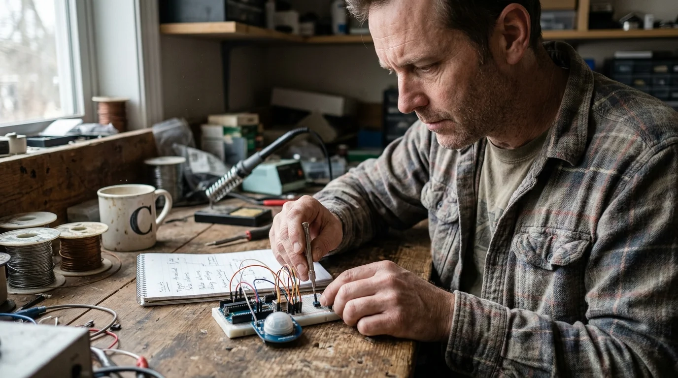 A man in a plaid shirt uses a small tool to assemble a circuit board and motion sensor at a wooden workbench.
