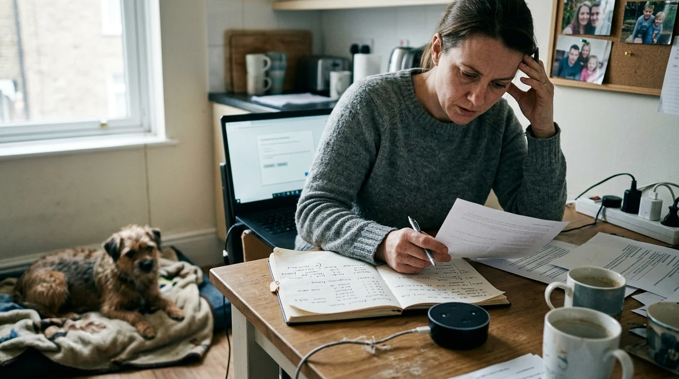 A woman works at a table with papers, laptop, and a smart speaker, while a small terrier dog rests on the floor nearby.
