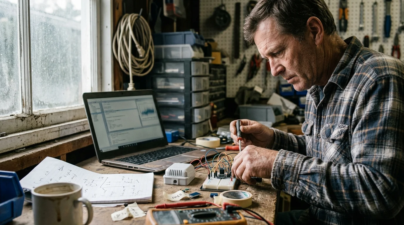 A man in a plaid shirt uses a screwdriver to assemble electronic sensor components on a workbench beside a laptop.