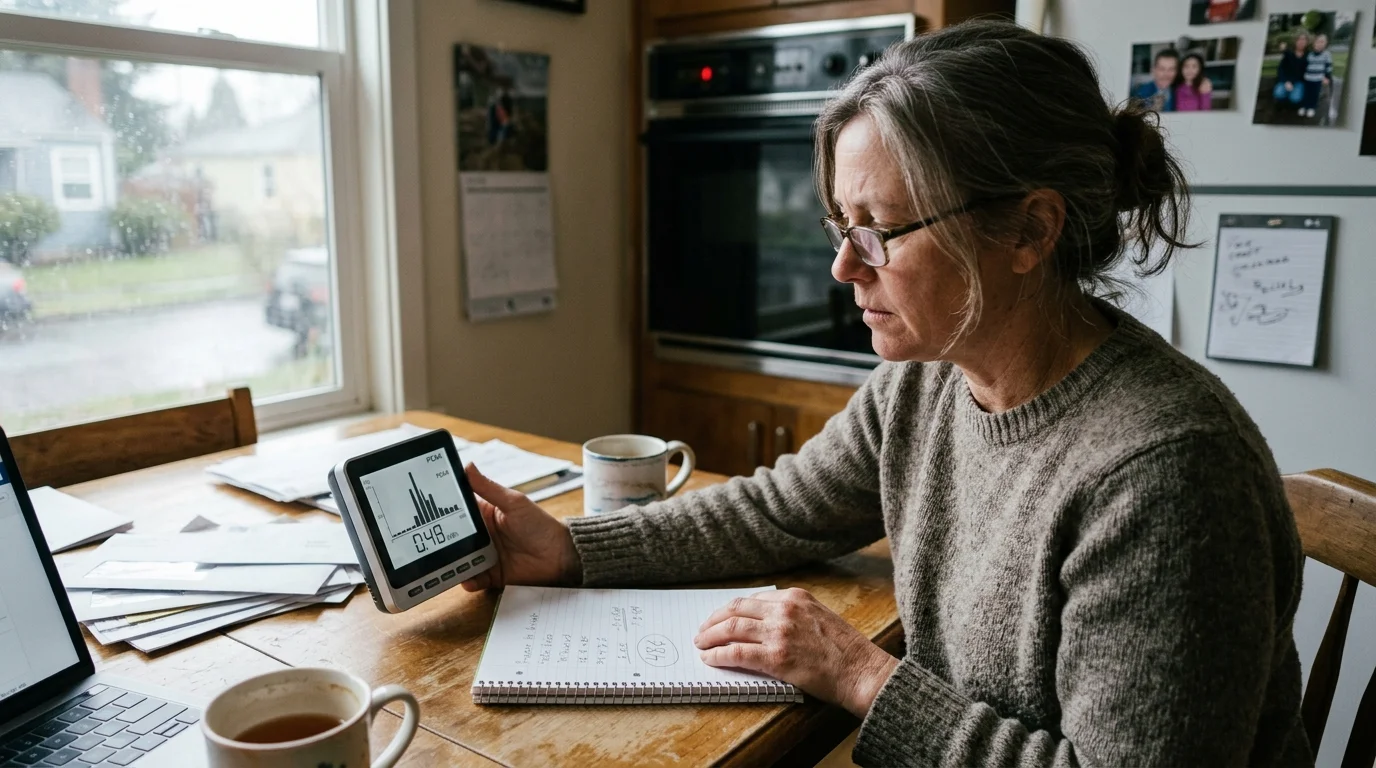 A woman sits at a wooden kitchen table holding a digital energy monitor displaying power usage next to a notepad.