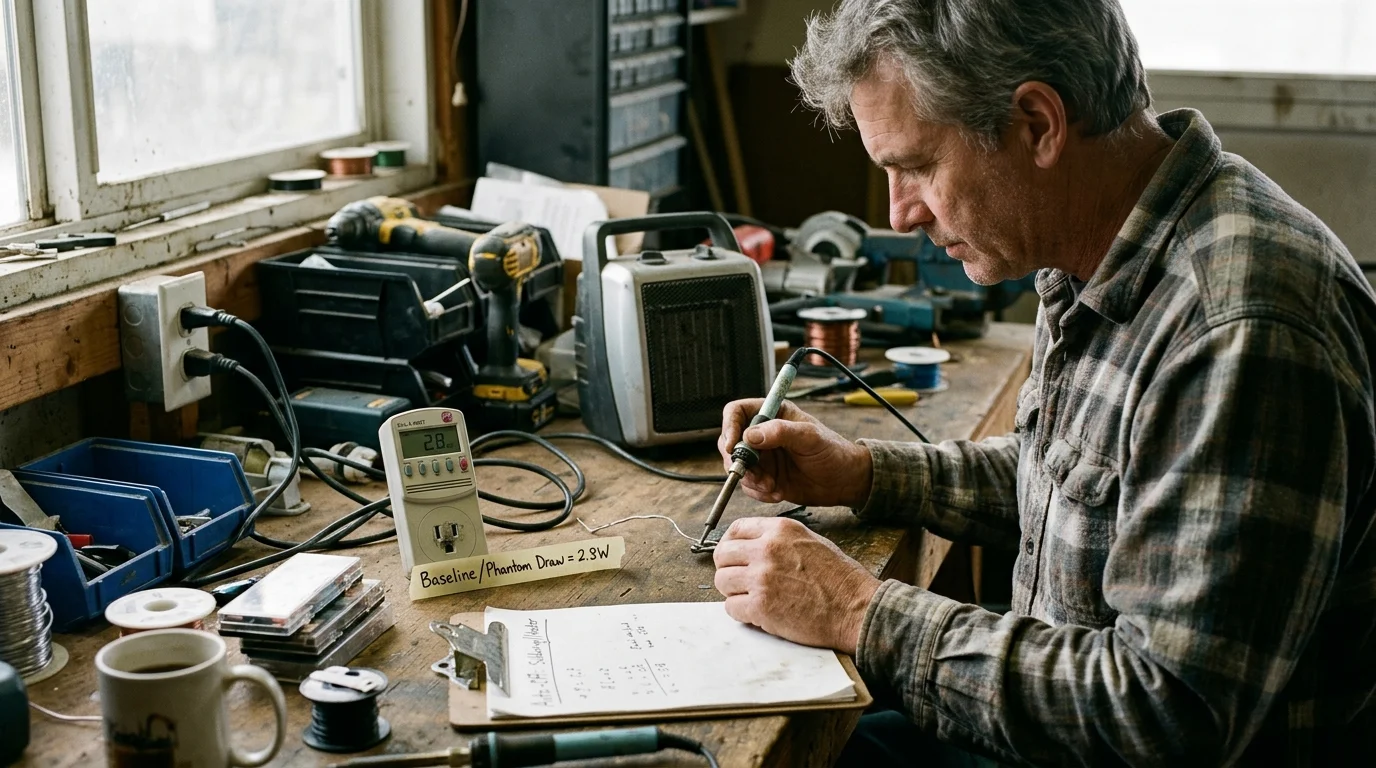 A man uses a soldering iron at a workshop bench beside a digital plug-in power meter reading 2.8W.