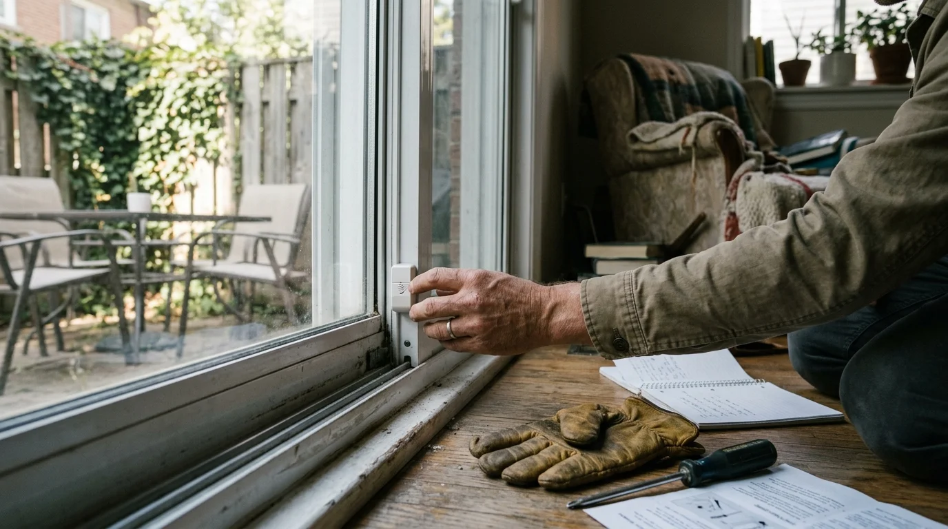 A person attaches a small white security sensor to the lower frame of a sliding glass patio door.