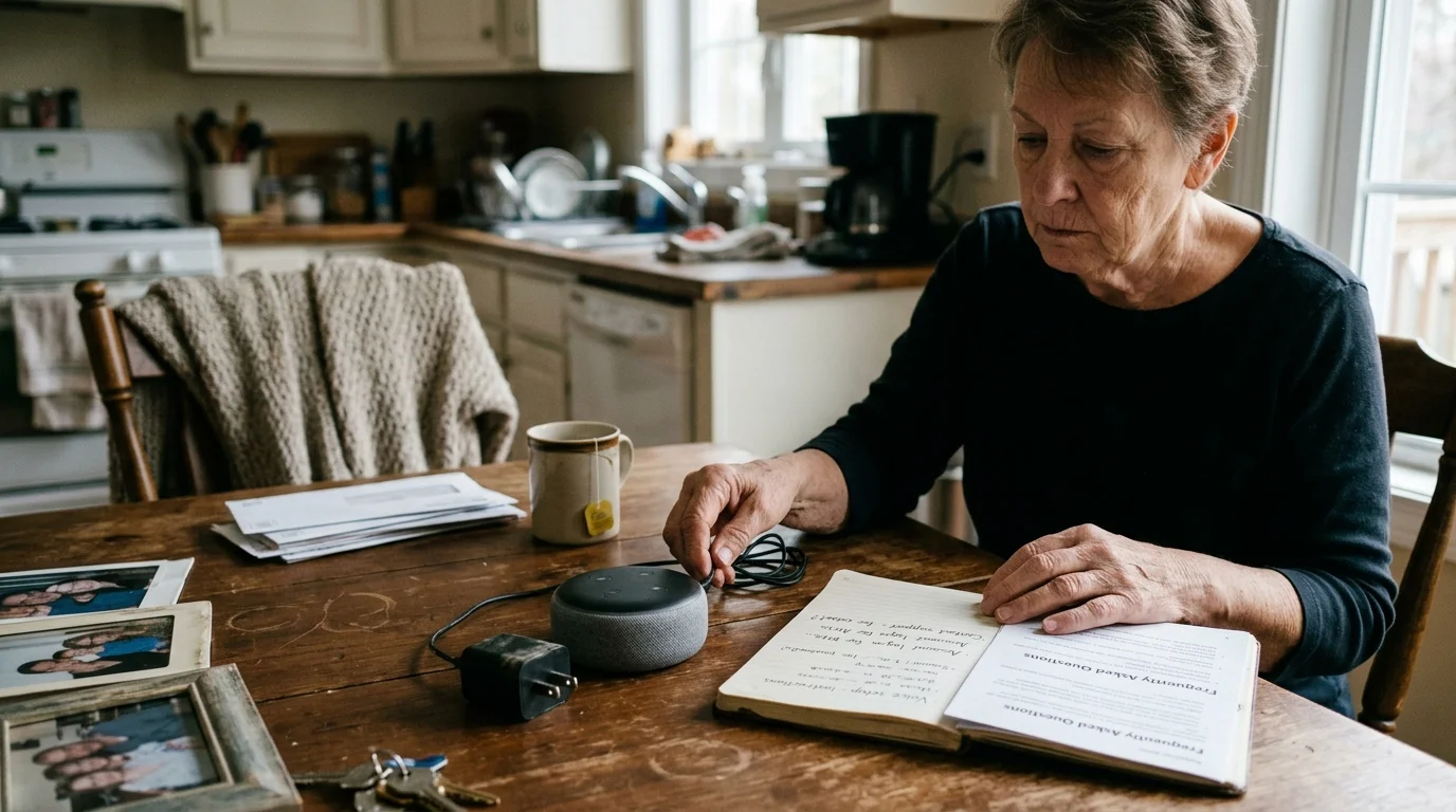A woman sits at a wooden table looking at an open notebook next to a smart speaker, power plug, and framed photos.
