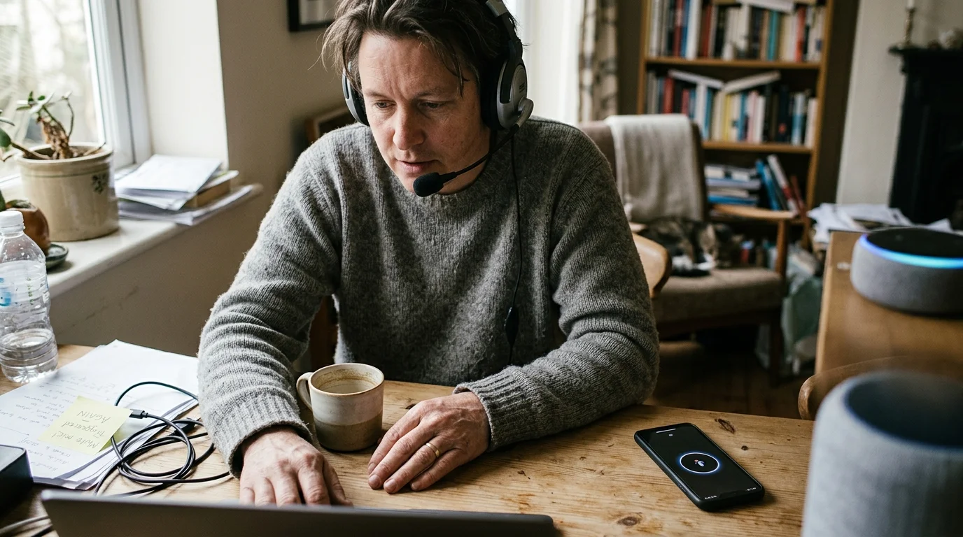 A man wearing a headset works at a desk with a laptop, smartphone, coffee mug, and smart speaker nearby.