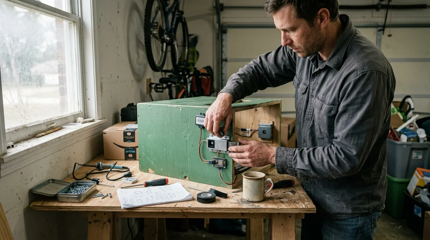 A man in a workshop assembling electronic components onto a green wooden package vault box on a workbench.