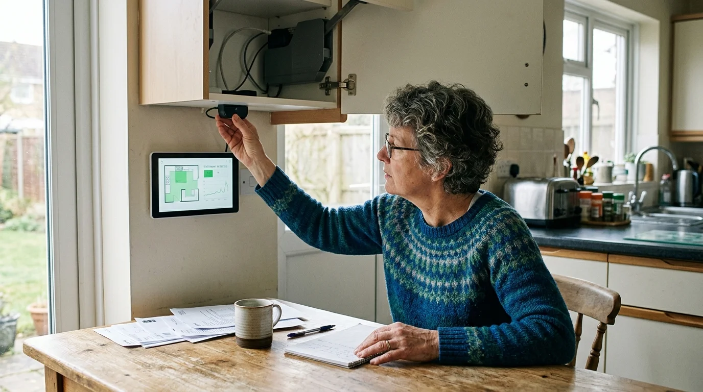 A woman sits at a wooden kitchen table adjusting a small sensor beneath an open cabinet beside a wall-mounted display.