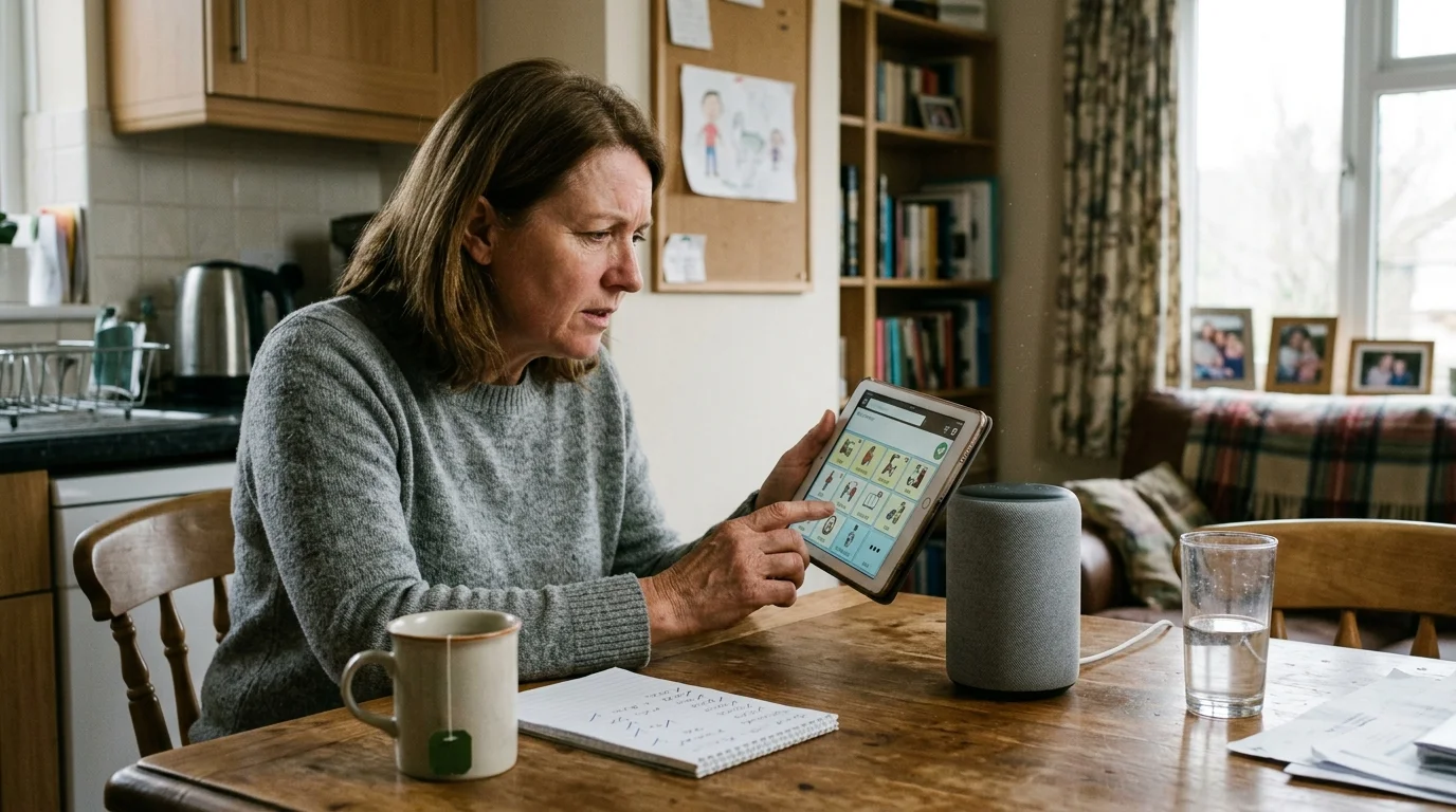 A woman sitting at a dining table points at an AAC speech app on a tablet next to a smart speaker.