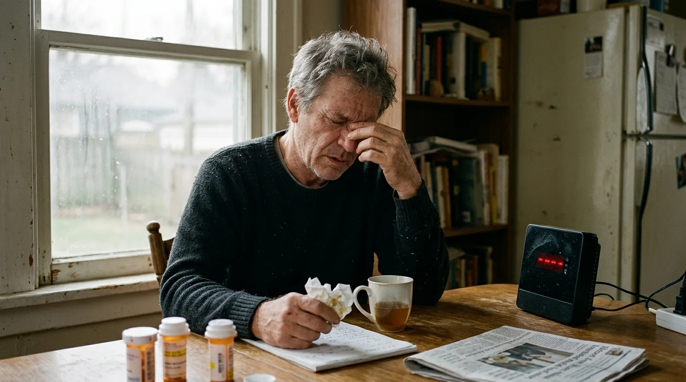 A man rubs the bridge of his nose at a table beside medication bottles, a tissue, tea, and an electronic monitor.