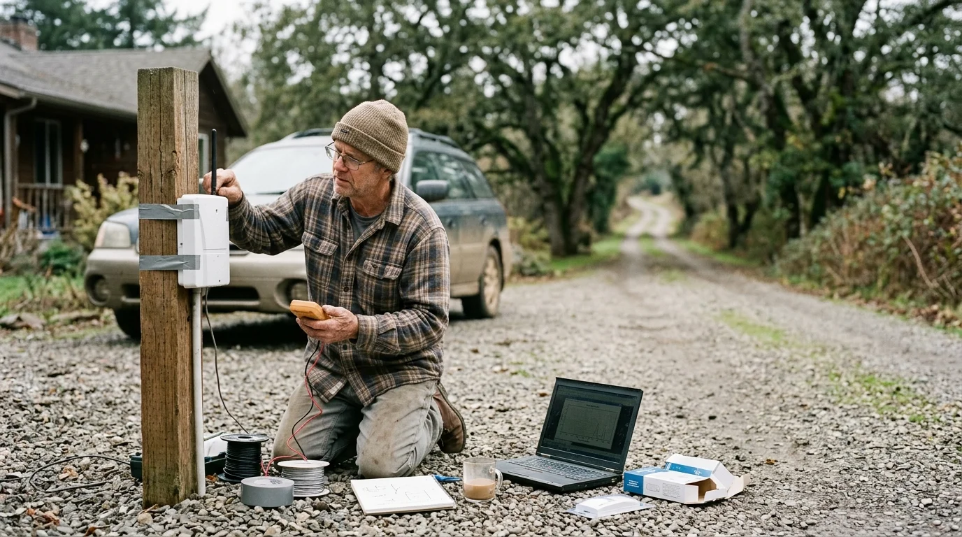 A man kneels on a gravel driveway testing a sensor mounted on a wooden post using a multimeter and laptop.