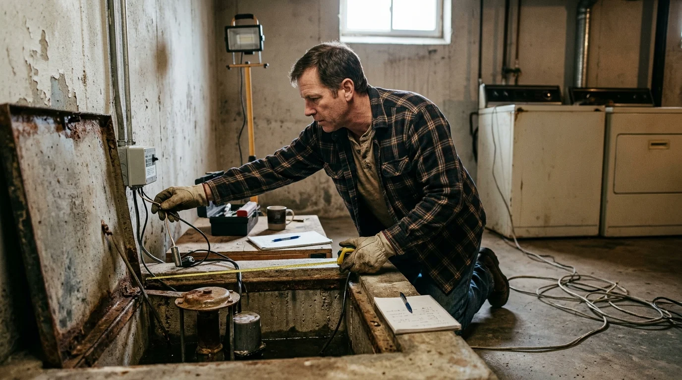 A man in a basement kneels by an open concrete sump pit, measuring it with tape while examining electrical wiring.