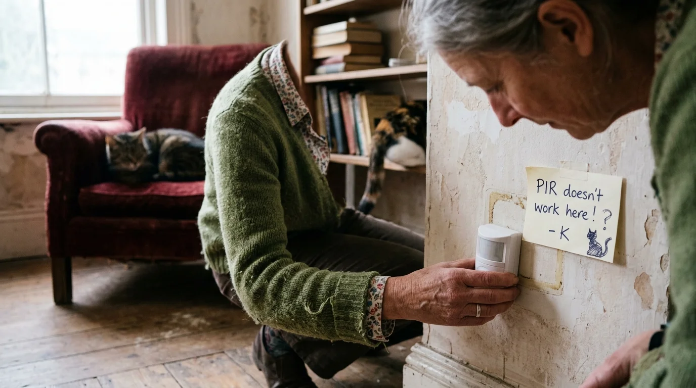 A woman inspects a small white motion sensor on a worn wall next to a sticky note reading PIR doesn't work here.