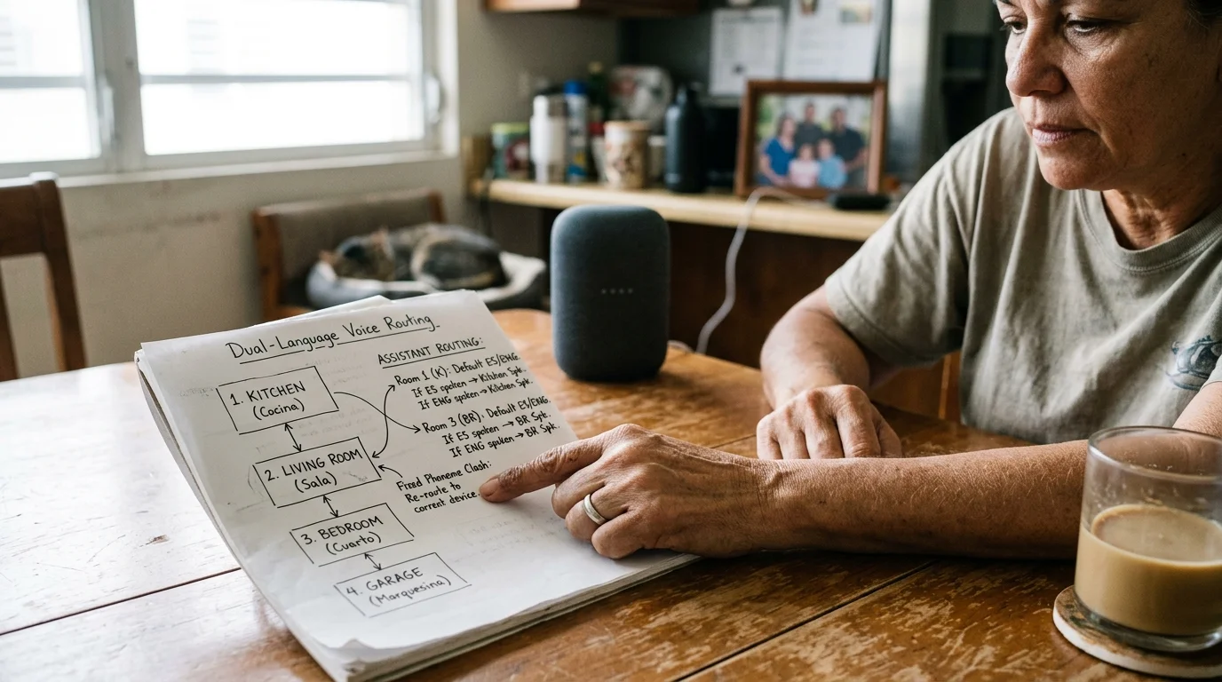 A woman points to a handwritten dual-language voice routing diagram on a wooden table next to a smart speaker.