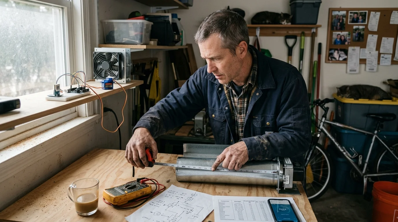 A man measures a motorized metal duct cylinder with a tape measure on a workbench with wiring and a multimeter.