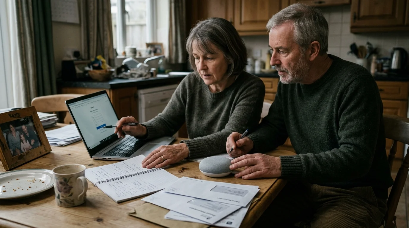 A man and woman sit at a kitchen table reviewing documents and a laptop next to a small smart speaker.