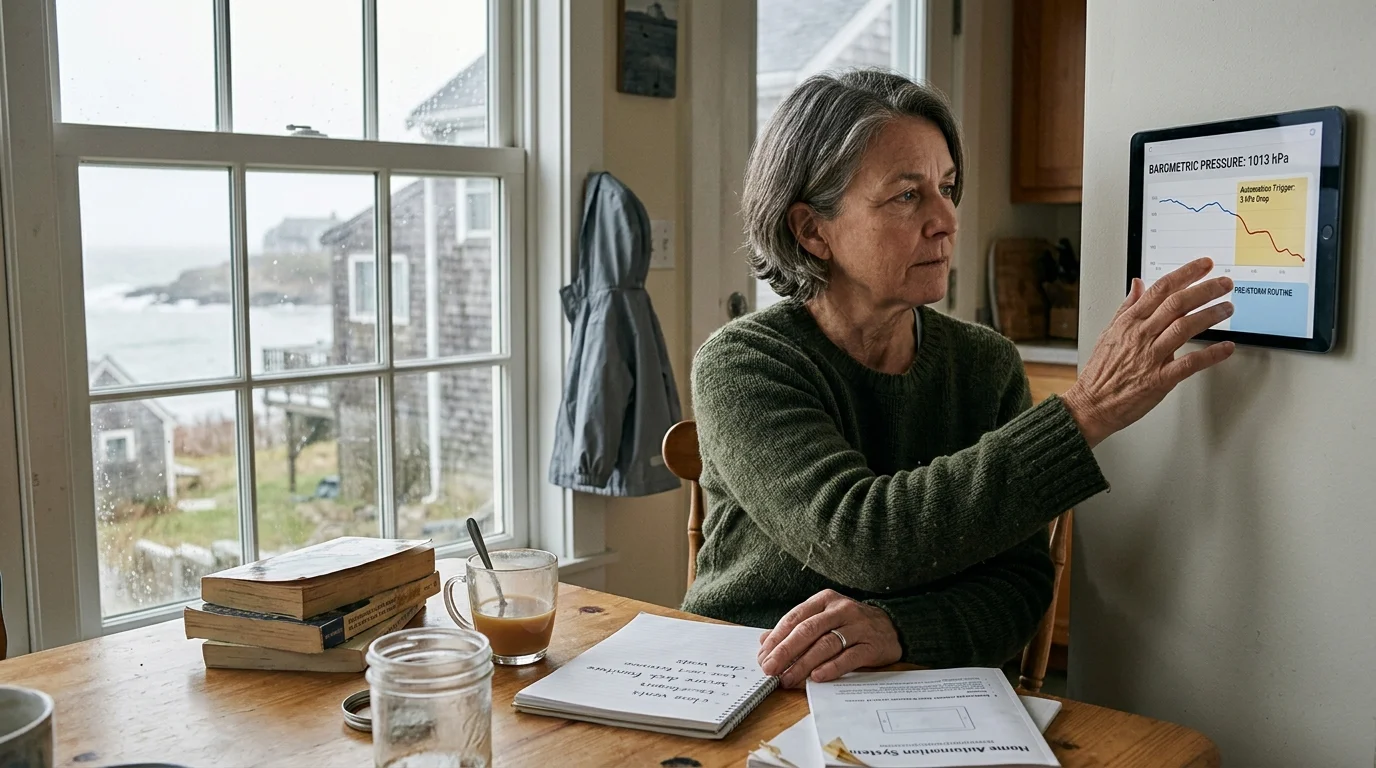 Woman sitting at a wooden table touches a wall-mounted tablet displaying a barometric pressure graph next to a window.