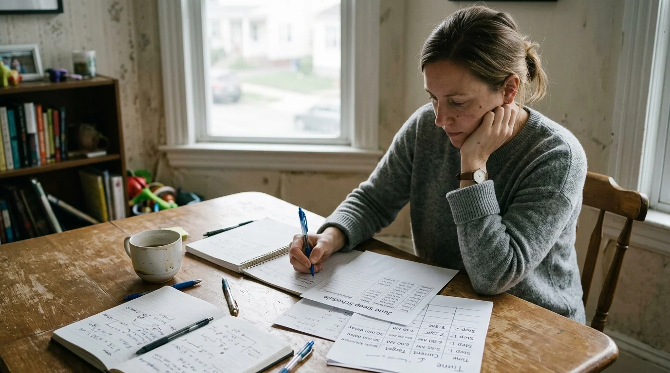 A woman sits at a wooden table writing notes on printed sleep schedule sheets near open notebooks and a coffee mug.