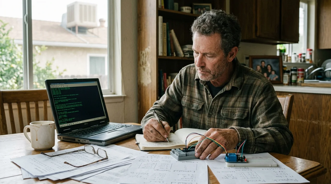 A man sits at a dining table writing in a notebook next to an open laptop, circuit board, wiring, and notes.
