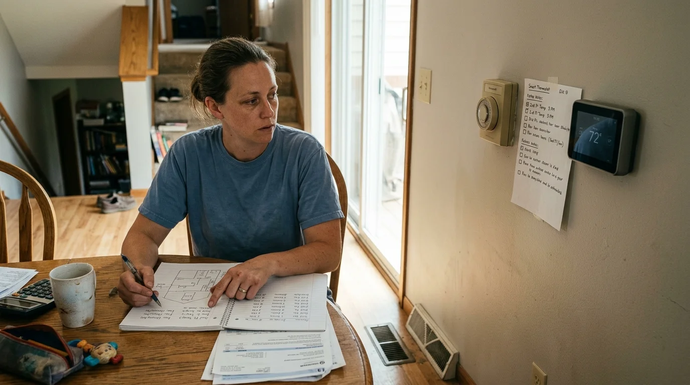 A woman sitting at a dining table taking notes near a wall mounted with an old dial thermostat and a digital thermostat.