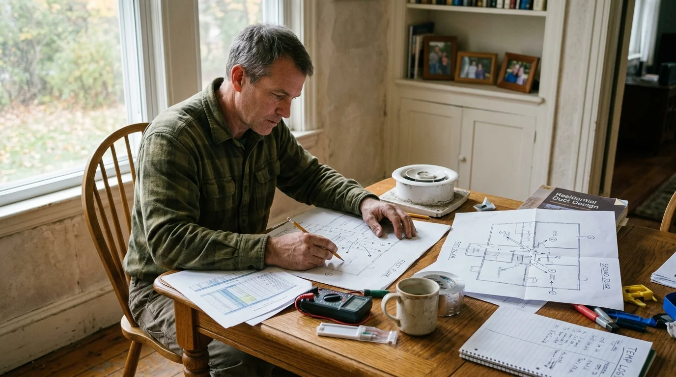 A man sits at a wooden table reviewing house floor plans, a multimeter, and duct design materials near a window.