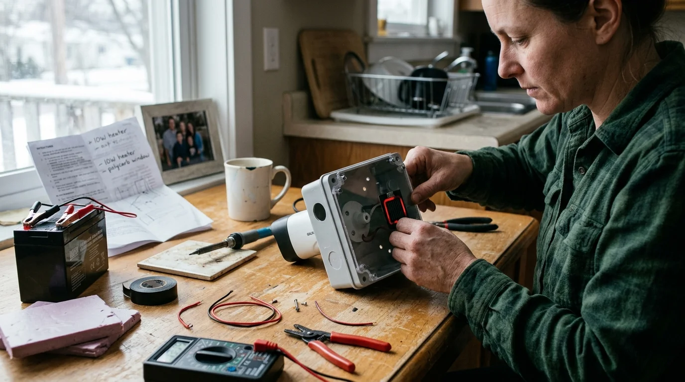 A woman assembling a heated camera enclosure at a wooden table with tools, a multimeter, and a battery.