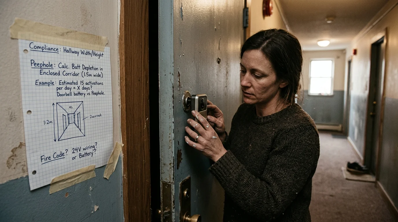 A woman mounts a smart camera on an apartment door next to taped handwritten notes about hallway compliance and battery life.
