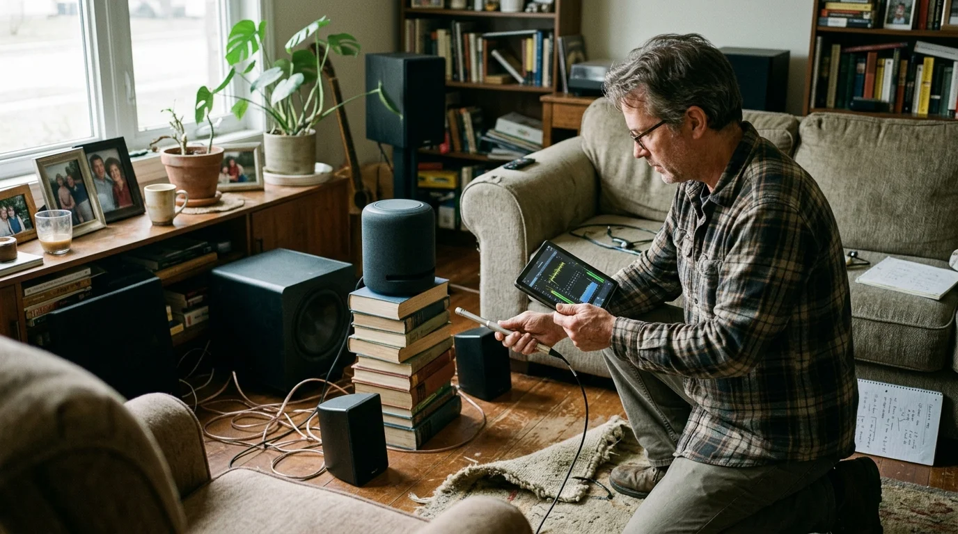 A man kneeling in a living room uses a calibration microphone and tablet near speakers and a smart speaker stacked on books.