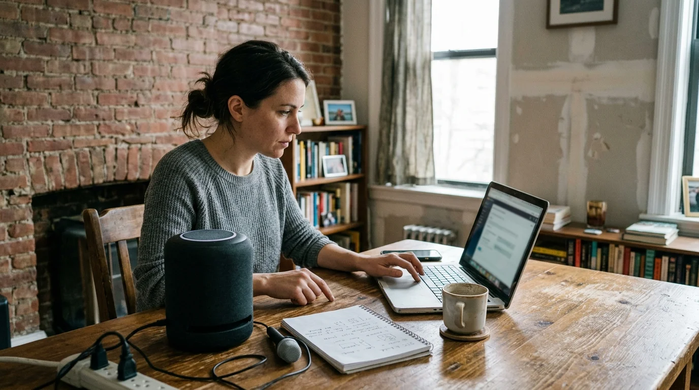 A woman sitting at a wooden table using a laptop next to a smart speaker, notebook, microphone, and coffee mug.
