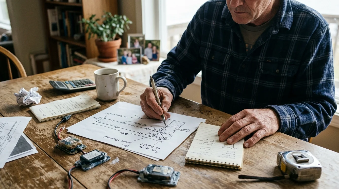 A man sketching a perimeter diagram on paper at a wooden table with electronic sensors, notes, and a tape measure.